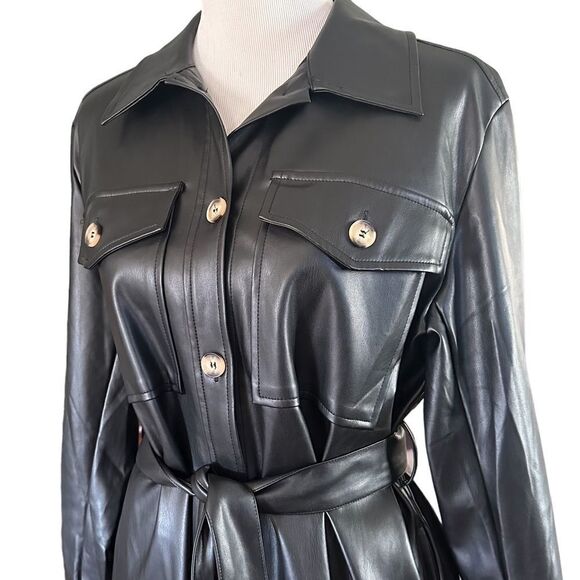 Bohme Black Vegan Leather Button Front Corpcore Goth Fall Midi Dress Jacket - Picture 3 of 13